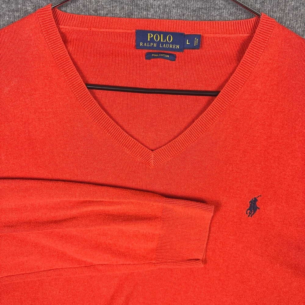 Polo Ralph Lauren Pullover Mens‎ Large Orange Pima Cotton V-Neck Sweater
